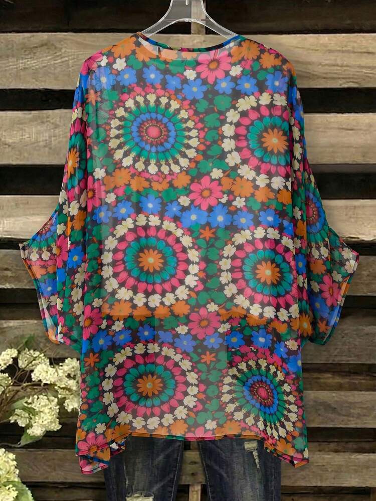 Plus Size Casual Batwing Sleeve Allover Print Jacket