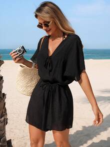 Breezaya 女士V领蝙蝠袖连体短裤，优雅端庄的沙滩罩衫 - 黑色 - 查看 6