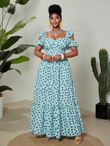 Maweii 大码女装春夏新款轻盈薄荷绿波点荷叶边吊带连衣裙，收腰双层荷叶边下摆长款连衣裙。适合浪漫假期、度假、聚会、约会、婚礼季以及作为引人注目的宾客装扮：度假风服装 - 彩色 - 查看 4