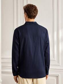 Officeau Men's Casual Basic Ribbed Ribbed Textured Fabric Button-Up Long Sleeve Collared Shirt - Navy Blue - View 2