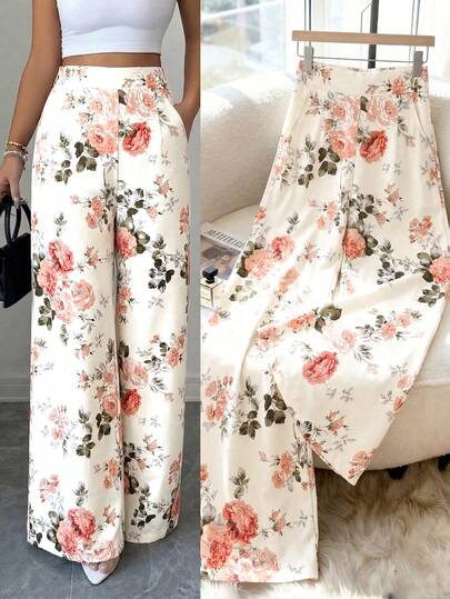 SHEIN LUNE Pantalones anchos y sueltos de verano para mujer con base de color albaricoque y estampado floral colorido, diseñados con un sentido del diseño, elegantes y de alta gama, adecuados para carnavales, vuelta al colegio, viajes de verano, playa, jardín, fotografía de moda callejera, ropa de verano, pantalones de verano, nueva prenda de moda imprescindible del verano, diseño de nicho, versátil, pantalones anchos y sueltos de estilo casual de resort para mujer
