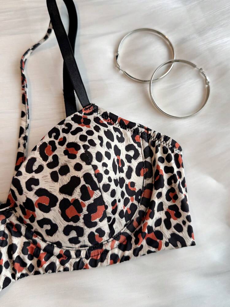 Leopard Print Adjustable Spaghetti Strap Lightly Padded Bra For Women