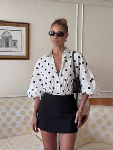 Lumalex 女士波点印花灯笼袖单排扣褶皱时尚衬衫 - 黑與白 - 查看 2