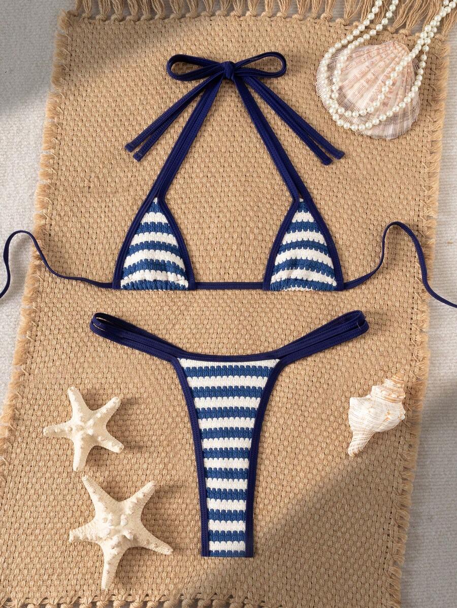 Swim SXY Đồ bơi gợi cảm dành cho nữ, thích hợp cho kỳ nghỉ hè, chất liệu vải dệt kim kẻ sọc xanh trắng, viền xanh navy, kiểu quần lọt khe cạp thấp, dây buộc cổ có thể điều chỉnh, phù hợp cho bãi biển, khu nghỉ dưỡng, hồ bơi và tiệc tùng. - Nhiều màu - Xem 1