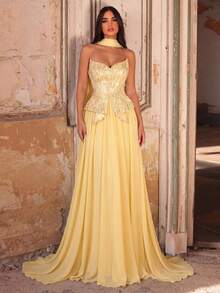 Glamrae Elegante, romántico, de moda y digno vestido de línea A con bustier de tela de gasa amarilla con parches de cuentas, adecuado para fiestas elegantes, bodas, despedidas de soltera y cenas formales - Amarillo - Ver 5