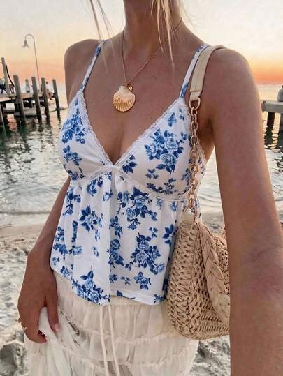Lucivie Women's Casual And Elegant Y2K Blue Floral Print Cami Top, Lace Trim V-Neck Babydoll Peplum Tank Top,Vaction Outfit,Summer Top