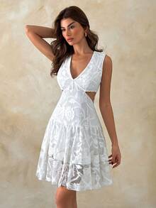 EURMUSE Vestido curto bordado em algodão branco para mulheres – Sem mangas, decote em V, elegante modelo evasê para o verão. - Branco - Ver 4