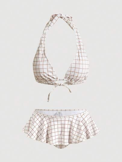 ROMWE Avant Bộ đồ bơi mùa hè dành cho nữ, áo hai dây kẻ caro kiểu retro kết hợp bikini tam giác và chân váy xếp ly, ôm sát tôn dáng, mềm mại, thoáng khí, co giãn tốt, phong cách ngọt ngào, gợi cảm, thích hợp chụp ảnh kỷ niệm trên bãi biển.