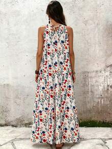 SHEIN LUNE White Floral Summer Boho Sexy Vacation Holiday Sleeveless Metal Buckle Detail Hollow Out Pleated Maxi Dress For Women Beach Golf Outfit Casual Dress - Apricot - View 2