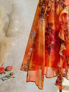 Soleia Plus Size Vintage Bohemian Animal Print Orange Jellyfish Ruffle Trim Shiny Chiffon Dress Beach Vacation Summer - Multicolor - View 7