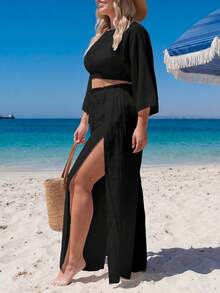 Swim Lushoire Plus Size Loose Kimono Cover Up Set, Vacation Style - Black - View 3