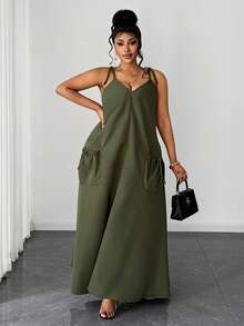 SHEIN CURVE+ Plus Size Spaghetti Strap Casual Lace-Up Solid Color Retro Elegant Dress - Army Green - View 3