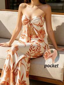 Airaco Women's All-Over Print Bandeau Top And Pants, Summer Vacation Style 2 Pieces Set - Multicolor - View 3