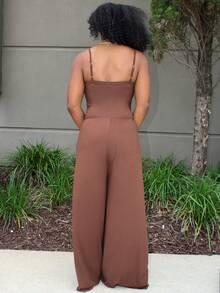 女士 Y2K 性感蕾丝拼接吊带阔腿连体裤 - 咖啡棕 - 查看 2