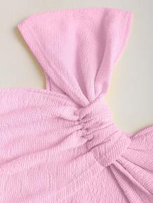 Sweetra Conjunto de 2 piezas con top corto con hombro asimétrico fruncido de unicolor y falda con cordón - Rosa - Ver 5