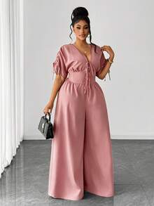 Maweii Mono elegante de manga corta con cuello en V y cordón ajustable para tallas grandes - Rosa vieja - Ver 4
