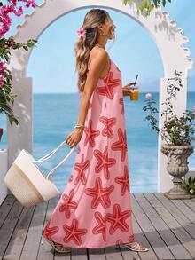Vivid Eden 女士度假休闲海星印花露背吊带连衣裙 - 粉色 - 查看 5