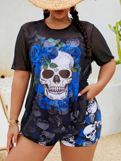 Slaydiva Conjunto de bikini de 3 piezas con calavera y rosa de talla grande