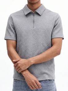 SUMWON Men's Grey Textured Polo Shirt With Short Sleeves Quarter Zip Collar Classic Casual Summer Golf Wear, Polo Shirt For Men, Fitted Polo - Grey - View 3