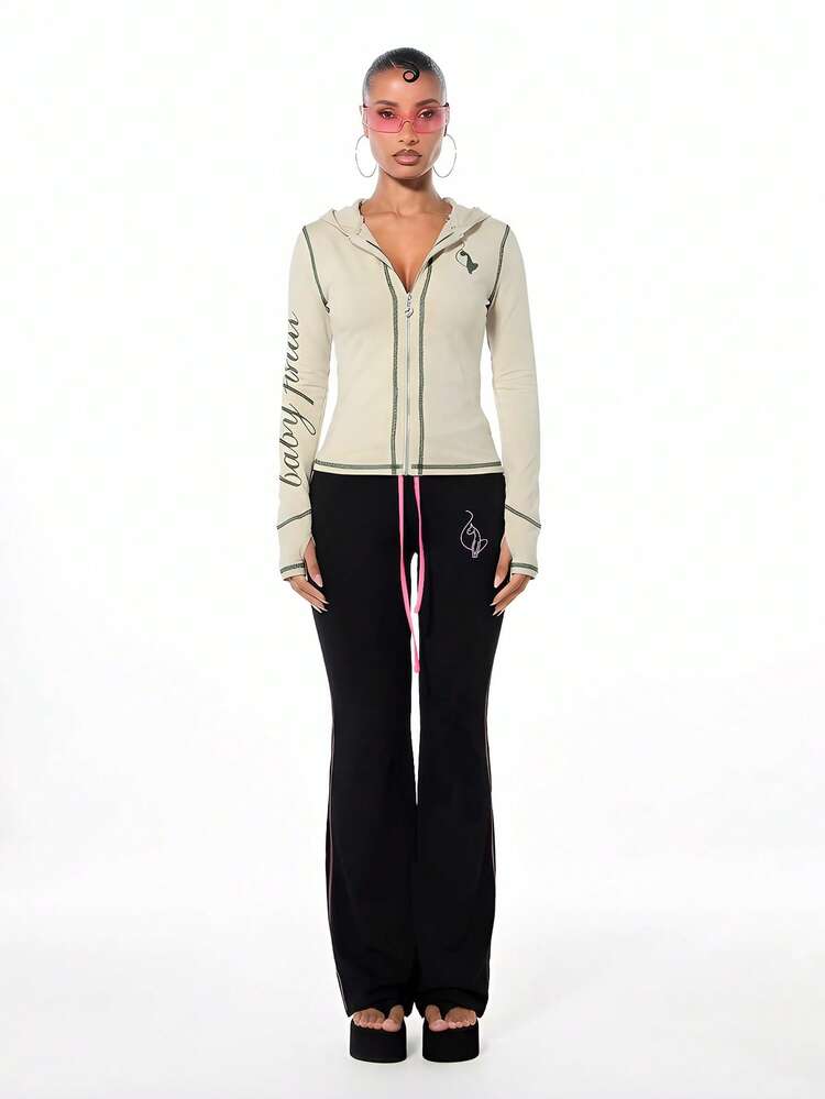 BABYPHAT Fitted Hooded Zip Up Jacket With Text Print And Contrast Stitching For Women
