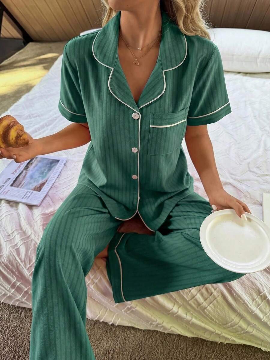 Napfluff Contrast Trim Lapel Cardigan Women Pajama Set - Green - View 1