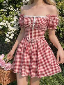 Glamine Charm Gingham Off Shoulder Mini Dress Cottagecore Picnic Dress Coquette Ribbon A-Line Dress Summer Vintage Casual Dress Classic Gingham Check Print Off Shoulder Bardot Neckline Flare A-Line Skater Hem Outdoor Garden Picnic Casual Daily Outing Romantic Date Appointment Beach Holiday Trip Spring Festival Event Summer Sweet Feminine - Red and White - View 6