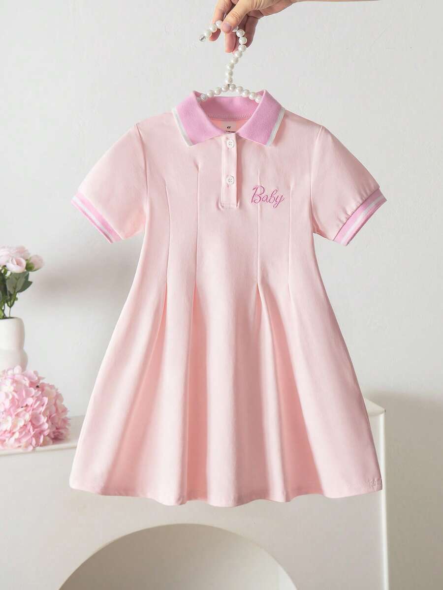 SHEIN Đầm bé gái dễ thương, đa năng, tối giản với cổ áo và tay áo bo gân, màu hồng thêu họa tiết xếp nếp, thích hợp mặc mùa hè. - Hồng - Xem 1