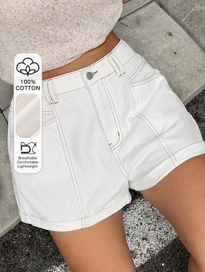 Dazy Plus Quần short denim nữ cỡ lớn mùa hè cạp thấp, gấu quần cuộn, đường may trang trí, kiểu dáng thường ngày, màu trắng.