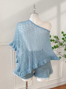 SHEIN EZwear Plus Size Women Casual Ruffled Hem Semi-Sheer Crochet Poncho Sweater, Suitable For Summer Outings And Dates - Blue - View 2
