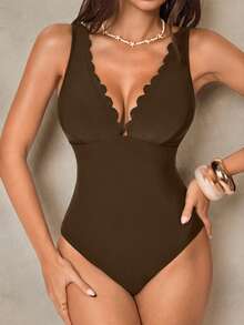 Shapewave Women's Solid Color One-Piece Swimsuit, Suitable For Beach Vacation, Pool Party, Beach Party - Coffee Brown - View 7