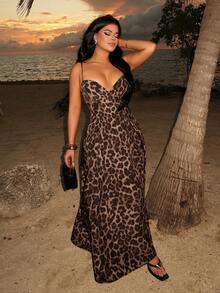 SHEIN SXY Women's Sexy Leopard Print Slip Dress, Suitable For Dates And Parties,Leopard Print , Cheetah Print ,Sundress ,Formal Dress  , Vacation Outfits Women ,Holday , Elegant Dresses For Women  ,Wedding Guest Dress For Women ,Beach  ,Party ,Summer - Multicolor - View 4