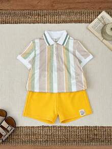 SHEIN 2pcs/Set Young Boy Casual Vacation Green Striped Short Sleeve Polo Shirt And Shorts Set, Young Boy Spring/Summer Outfits - Yellow - View 7