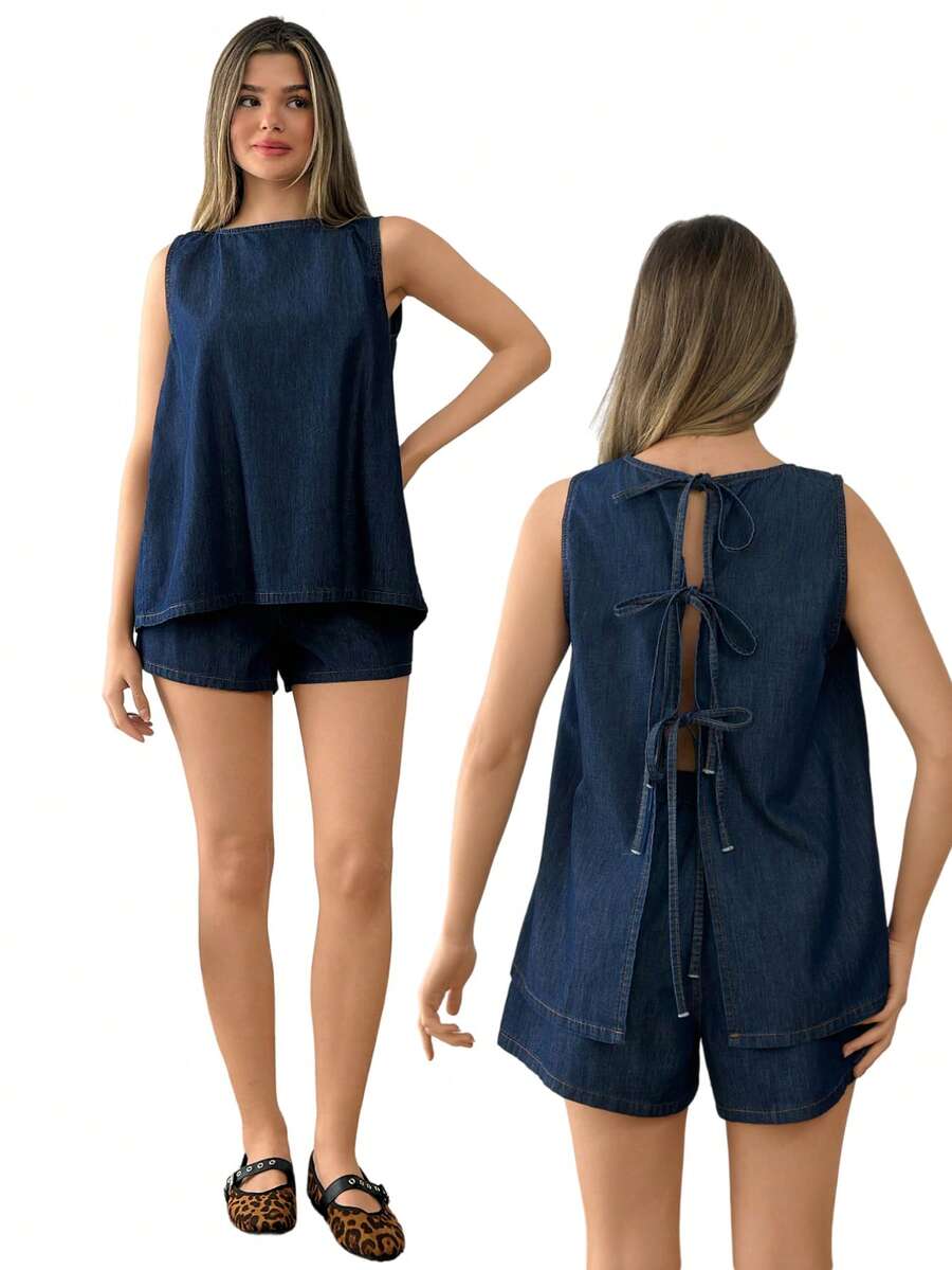 SHEIN Top & Short Two Pieces Denim Set - Dark Wash - View 1