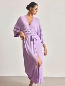 Ocili Comfortable Lace Robe For Women - Mauve Purple - View 2