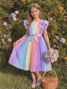 1 pieza Vestido tejido elegante con estampado digital de arcoíris para niñas preadolescentes, con volantes en el bajo, mangas abultadas, cinturón en la cintura, adecuado para uso diario, fiestas, banquetes y vacaciones casuales - Celeste - Ver 8