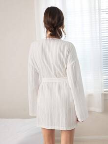 Ocili 100%纯棉波西米亚提花针织柔软系带睡袍，休闲家居服 - 白色 - 查看 3