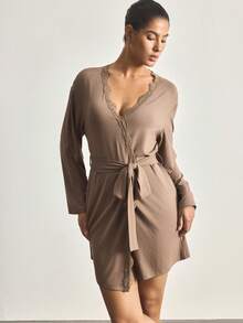 Ocili 简约舒适男女通用蕾丝睡袍，易于打理的女士睡衣浴袍 - 棕色 - 查看 6