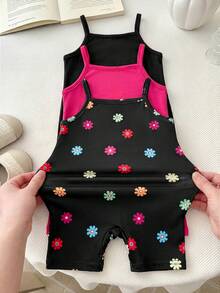 SHEIN 3pcs/Set Fuchsia, Black & Floral Print Romper Jumpsuit, Infant/Toddler Girls - Multicolor - View 4