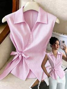 GlowEve Kemeja Tanpa Lengan Bergaris Model Ikat Pinggang untuk Wanita, Cocok untuk Musim Panas Kasual/Kerja - Berwarna merah muda - View 3