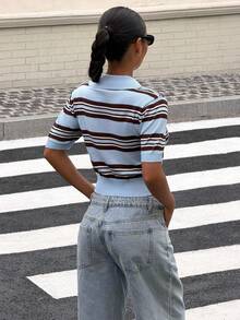 SHEIN Muchic Striped Multicolor Pattern Half-Zip Casual Versatile Short Sleeve Knit Top - Multicolor - View 2