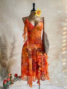 Soleia Plus Size Vintage Bohemian Animal Print Orange Jellyfish Ruffle Trim Shiny Chiffon Dress Beach Vacation Summer - Multicolor - View 1