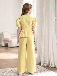 SHEIN Bộ 2 món cho bé gái: Áo tay cánh hoa cài chéo, gấu quần xếp ly và quần ống rộng thẳng. - Màu vàng - Xem 2