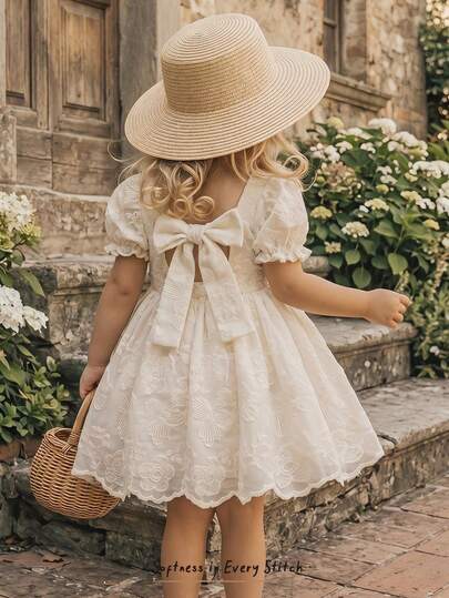 Cozy Pixies 女婴纯色蝴蝶结装饰圆领花瓣袖收腰连衣裙