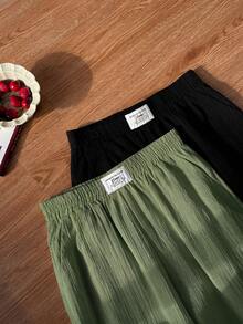 SHEIN EZwear 女士字母印花双色梭织阔腿裤套装 女士夏季长裤 女士半身裙 阔腿裤 女士高腰短裤 女士休闲半身裙 - 橄欖綠 - 查看 5