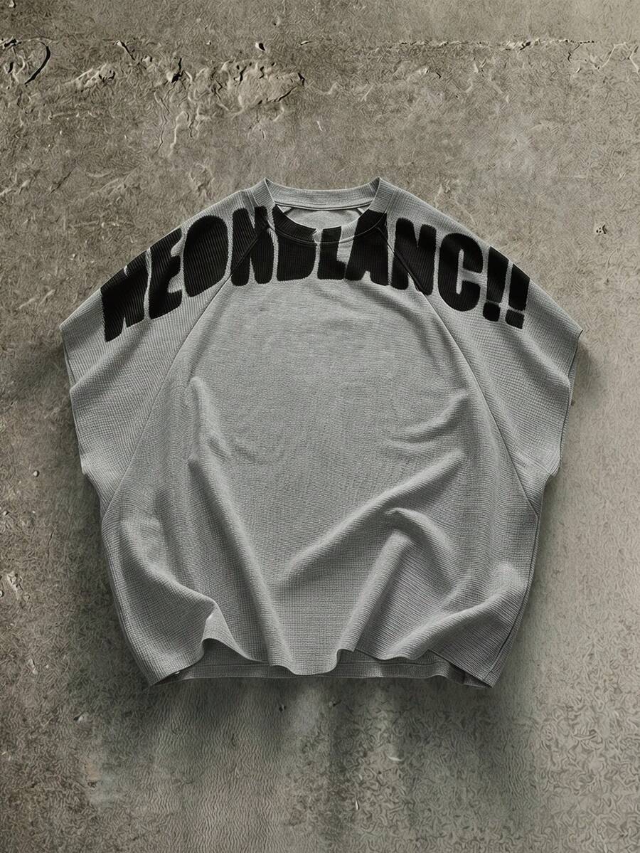 NEON BLANC Men's Street Fashion White Knit Crew Neck Letter Print Knit Tank Top, Suitable For Summer - Dusty Blue - View 1