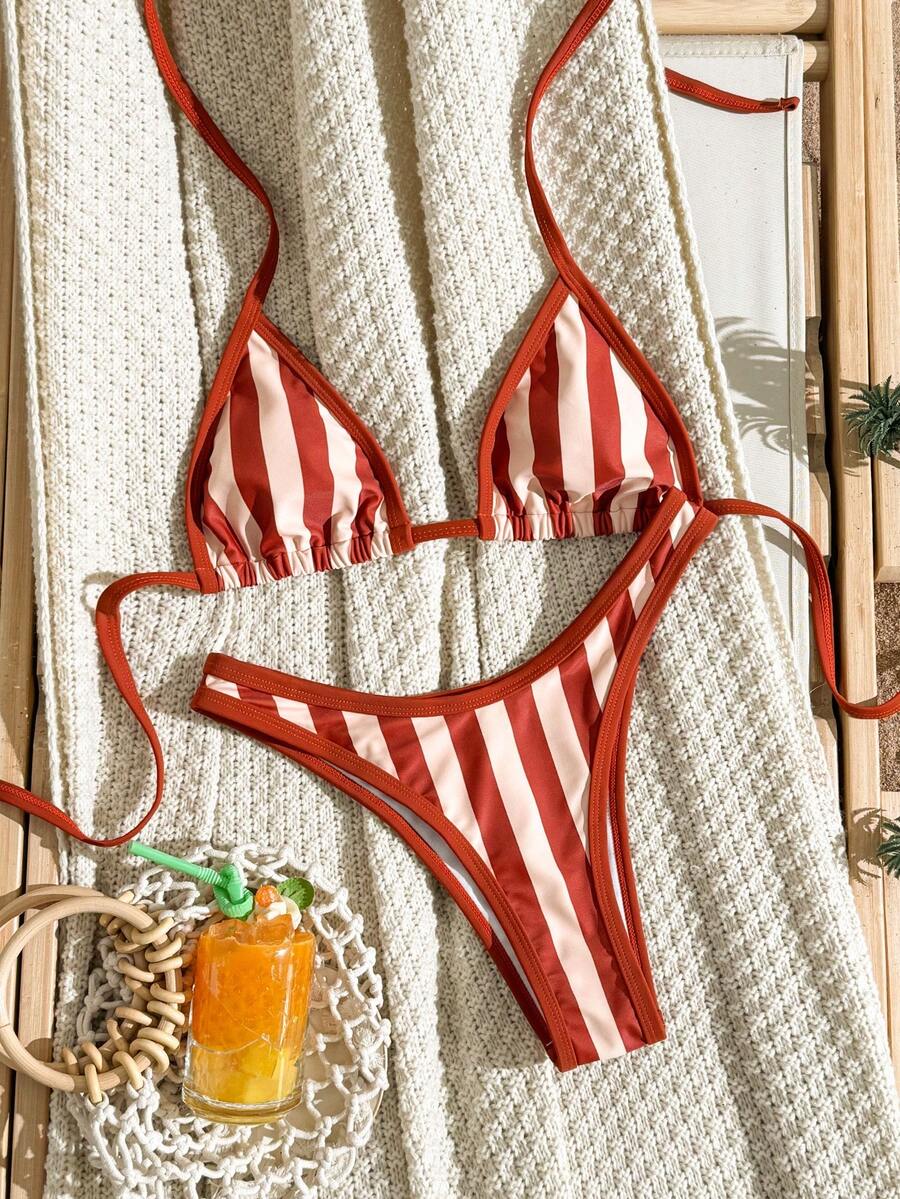 Swim Vcay Conjunto de bikini de triángulo con estampado aleatorio de rayas para mujer, primavera/verano 2026, casual para vacaciones en la playa - Multicolor - Ver 1