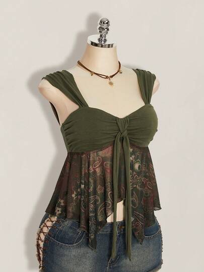 SHEIN ICON Camiseta de tirantes con estampado de anacardo y parches para mujer, ideal para vacaciones