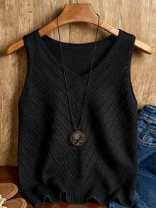 EMERY ROSE Blusa sin mangas de punto de unicolor con diseño calado para mujer - Negro - Ver 1