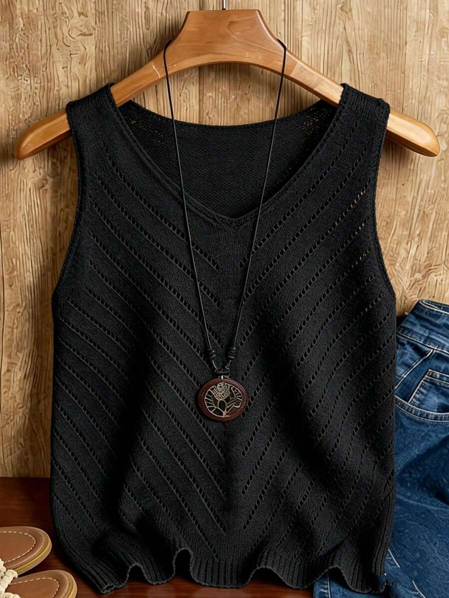 EMERY ROSE Blusa sin mangas de punto de unicolor con diseño calado para mujer - Negro - Ver 1