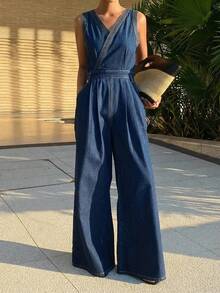 Livesso Bộ jumpsuit denim nữ không tay cổ chữ V thắt eo - Màu xanh lam - Xem 6